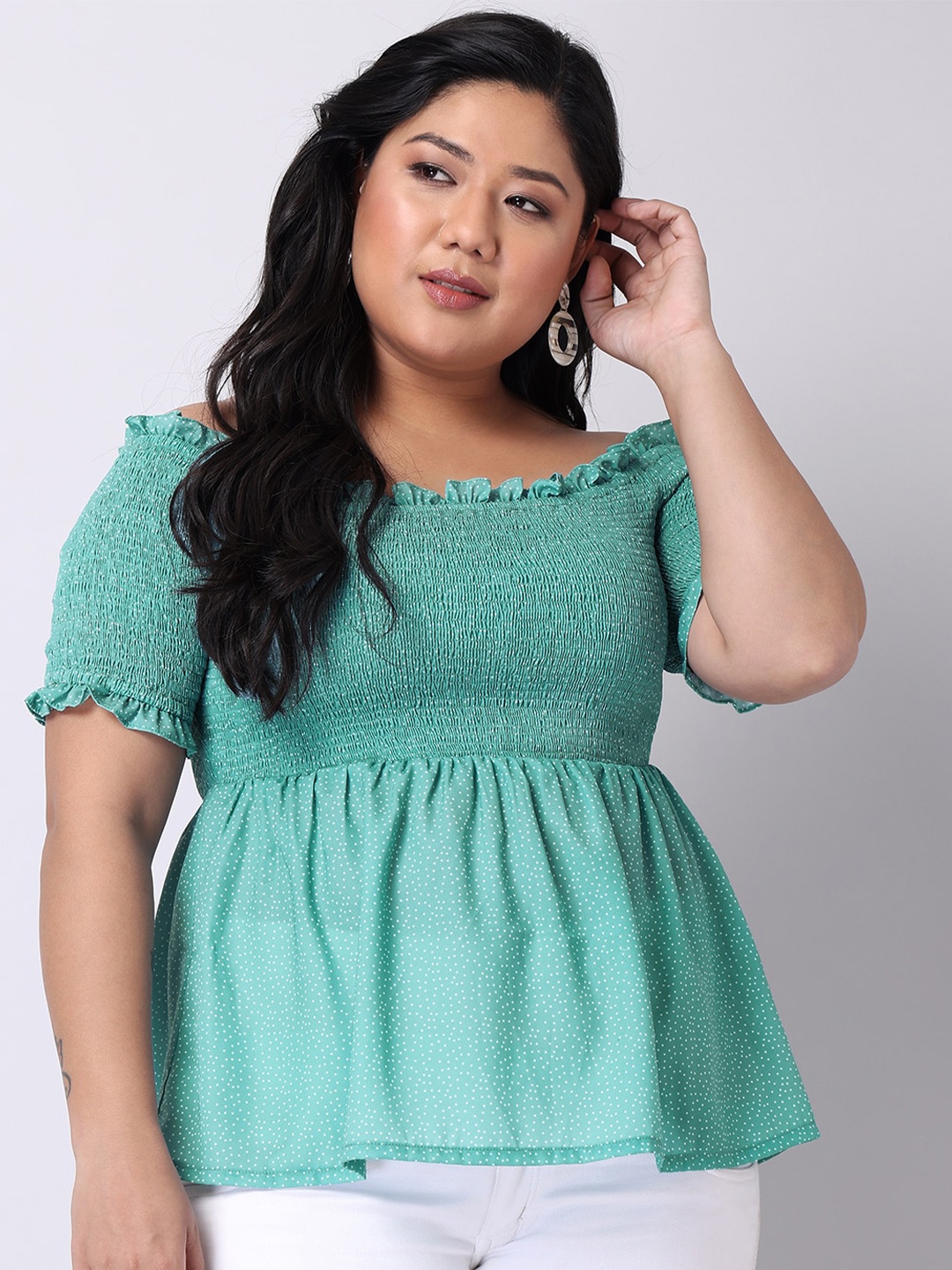 

FabAlley Curve Polka Dots Printed Off-Shoulder Smocked Peplum Top, Green