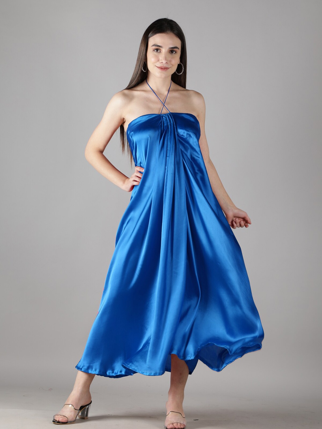 

Svelte Couture Shoulder Strap Gathered Satin A-Line Midi Dress, Blue