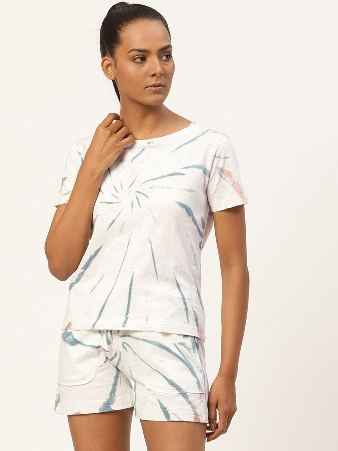 

HILL STREET Tie & Dye Printed Pure Cotton T-Shirt With Shorts, White