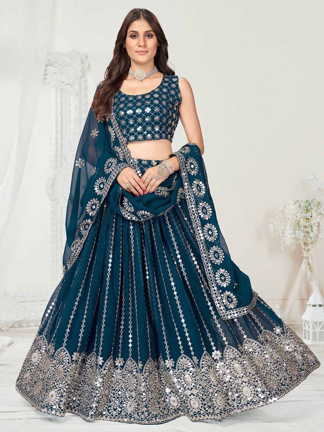 

WHITE FIRE Embellished Sequinned Semi-Stitched Lehenga & Unstitched Blouse With Dupatta, Blue