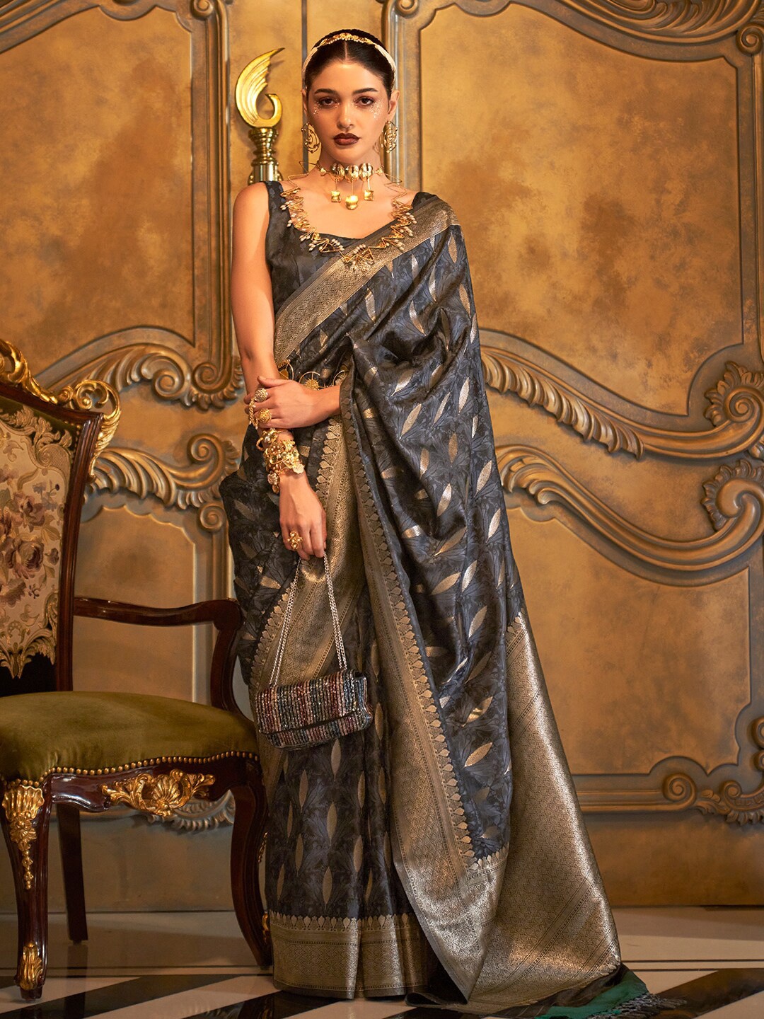 

KARAGIRI Ethnic Zari Satin Saree With Tassel, Grey