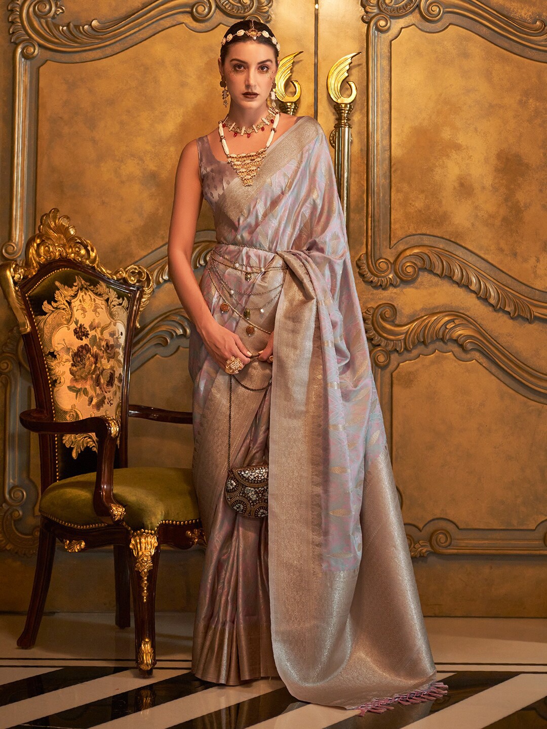 

KARAGIRI Ethnic motif Woven Design Zari Satin Saree, Grey