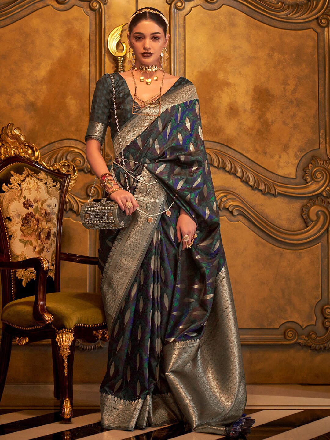 

KARAGIRI Ethnic Motifs Satin Zari Saree With Tassel, Blue