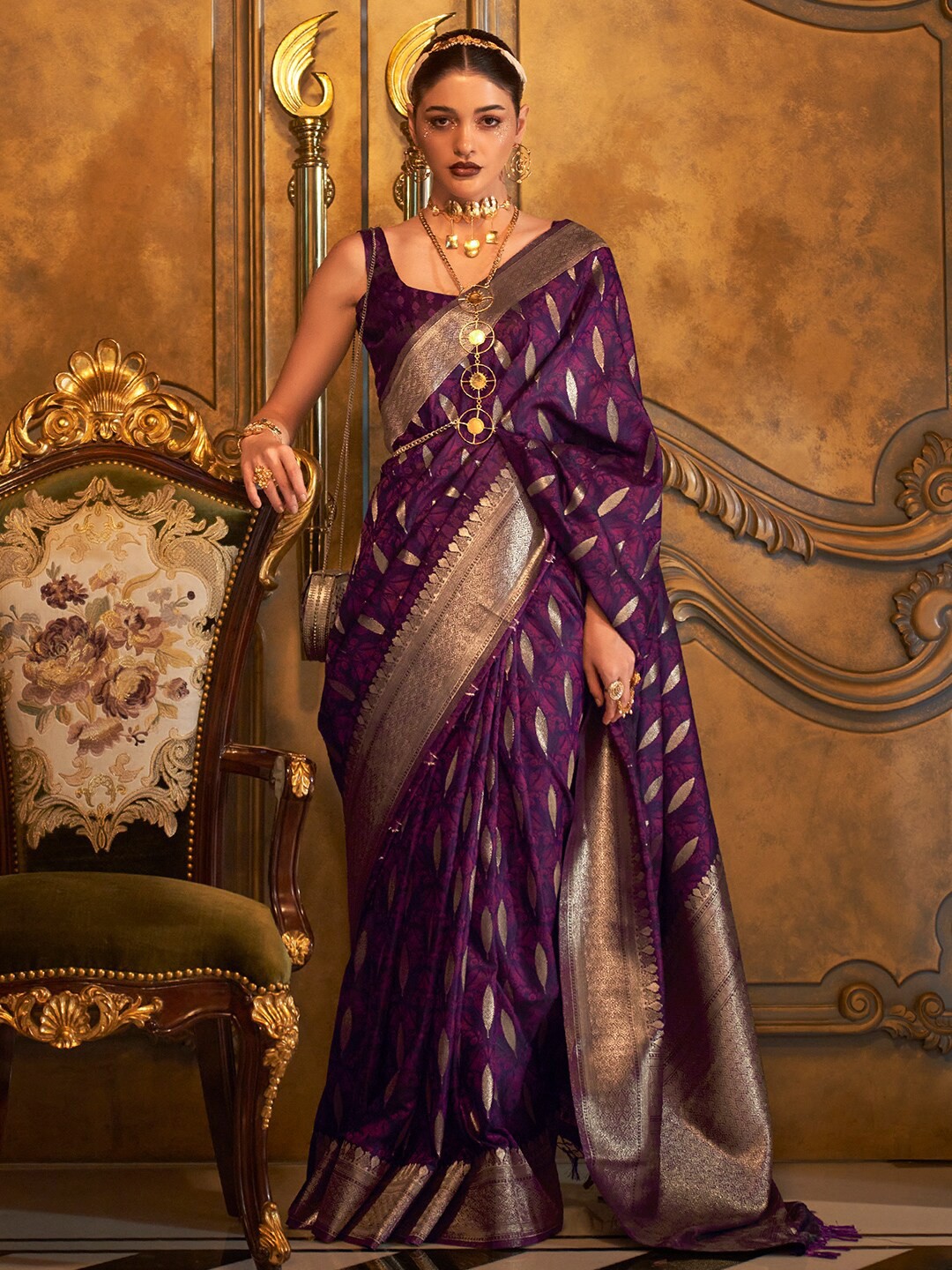 

KARAGIRI Ethnic motif Woven Design Zari Satin Saree, Purple