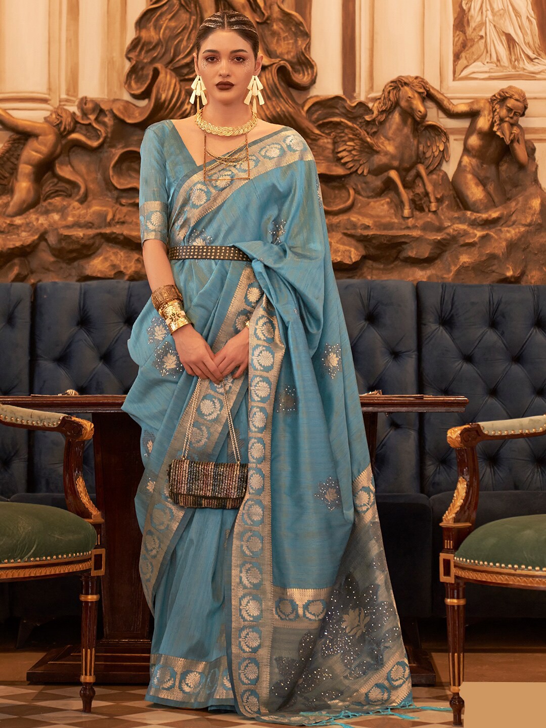 

KARAGIRI Floral Woven Design Zari Tussar Saree, Blue