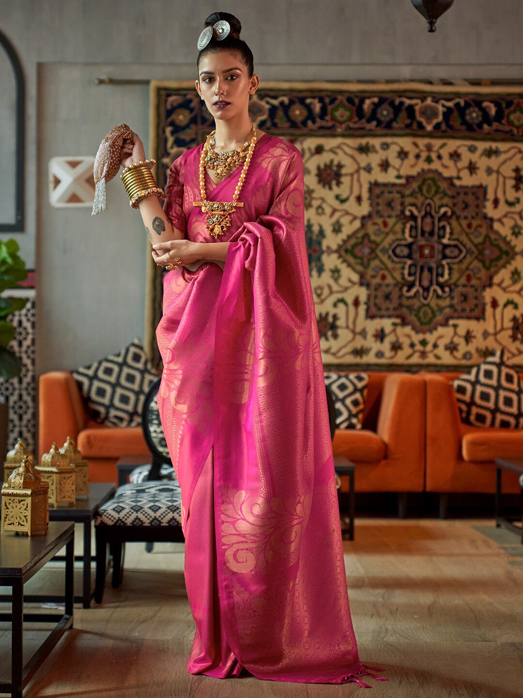 

KARAGIRI Ethnic Motifs Silk Blend Kanjeevaram Zari Saree, Pink
