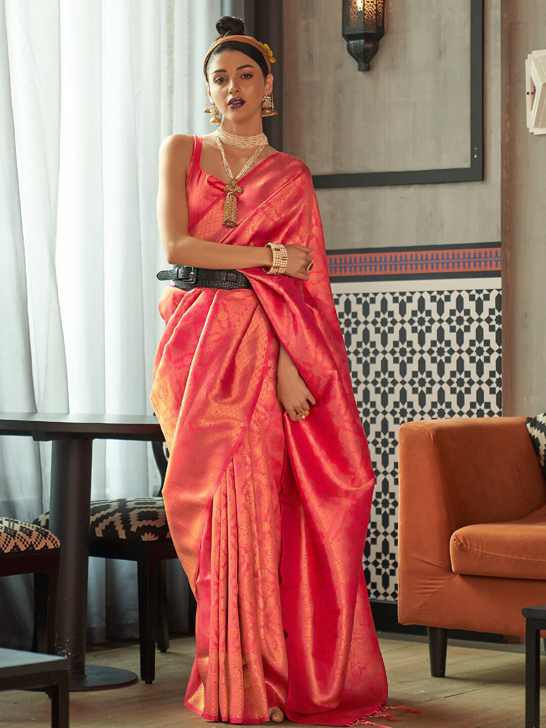

KARAGIRI Floral Woven Design Zari Kanjeevaram Saree, Orange