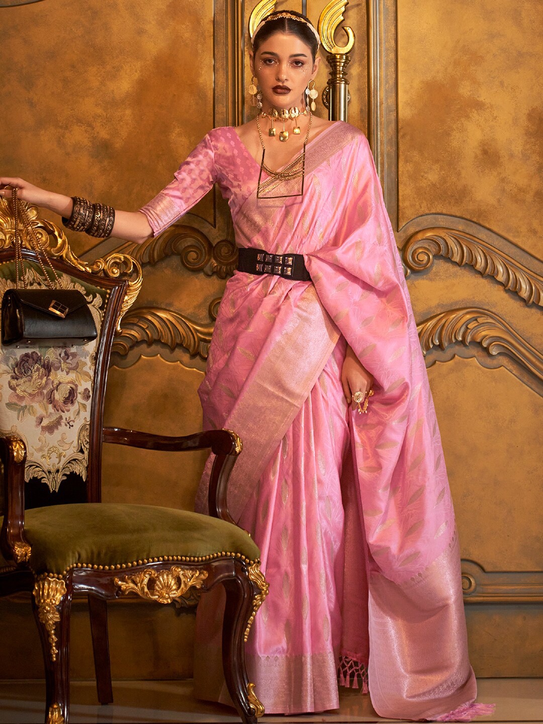 

KARAGIRI Ethnic Motifs Satin Blend Saree With Tassel, Pink