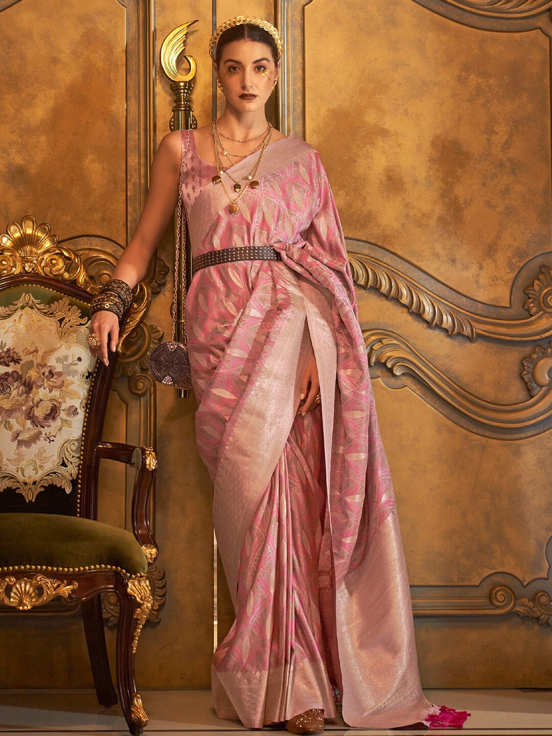 

KARAGIRI Floral Woven Design Zari Satin Saree, Rose