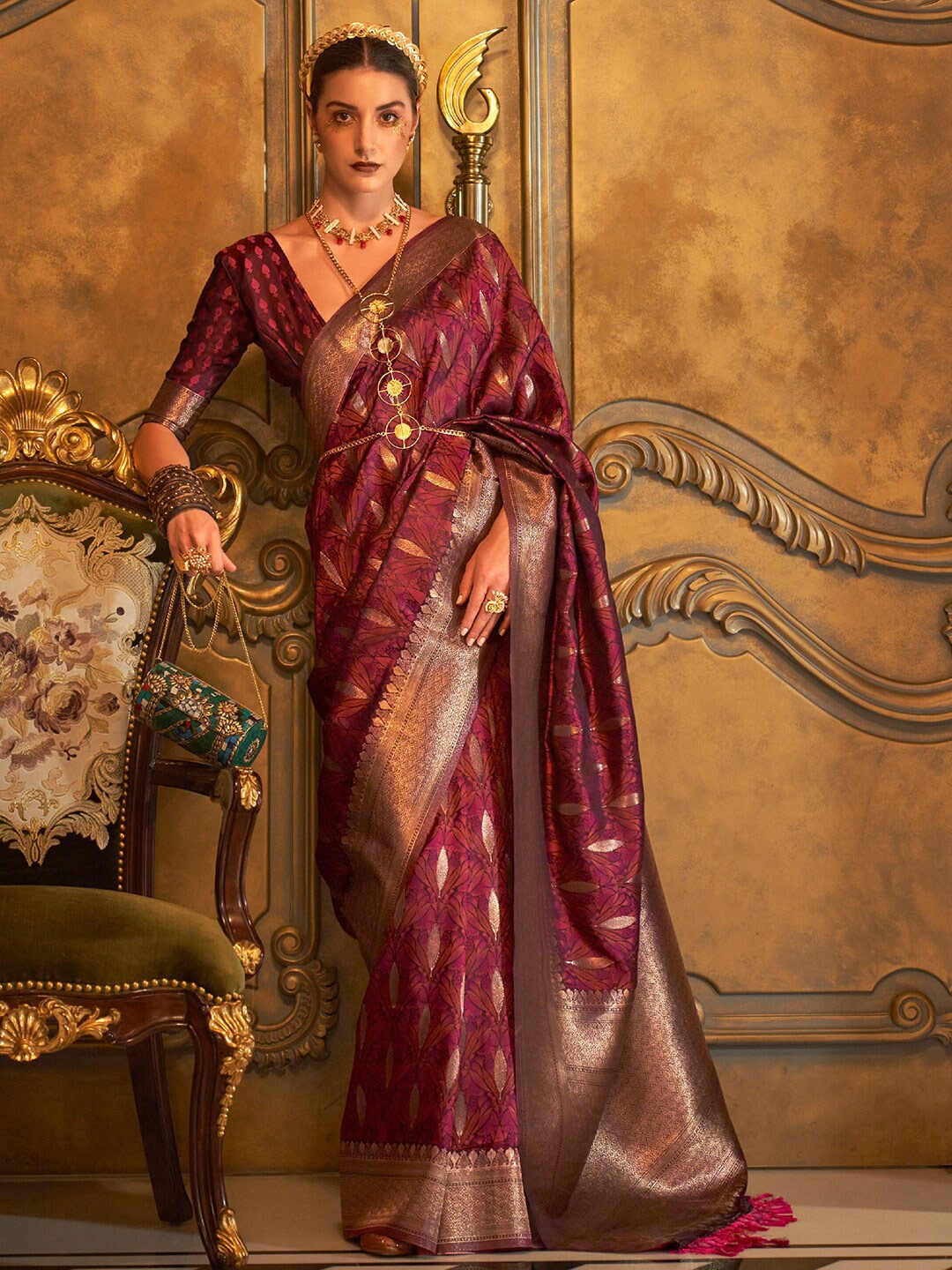 

KARAGIRI Ethnic Motif Woven Satin Zari Saree With Tassel, Brown