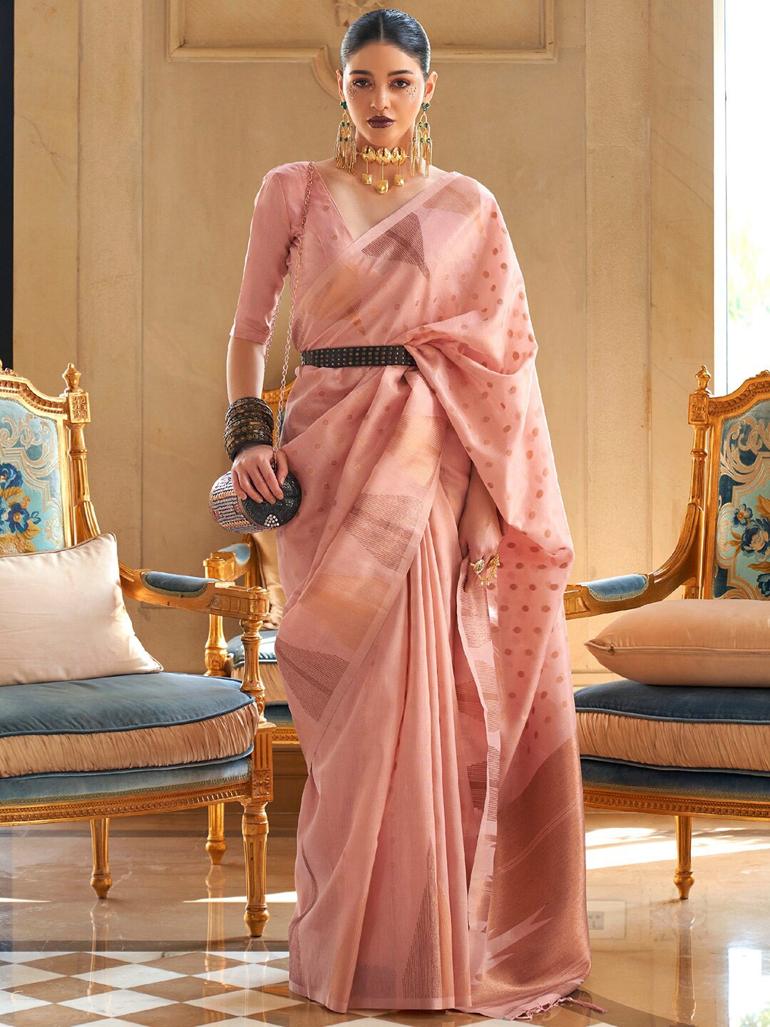 

KARAGIRI Ethnic motif Woven Design Zari Saree, Peach
