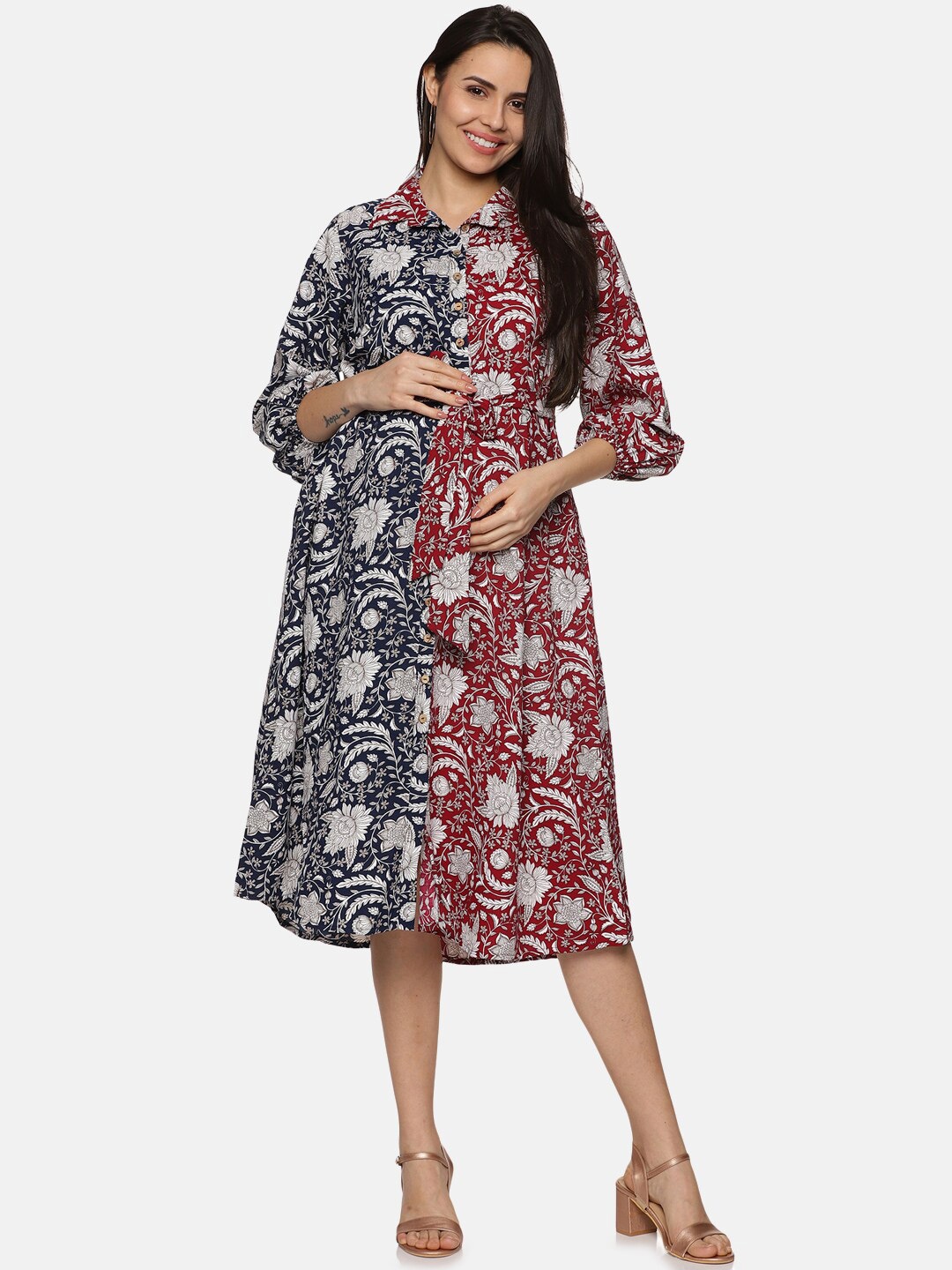 

CHARISMOMIC Ethnic Motifs Print Maternity Fit & Flare Midi Dress, Blue