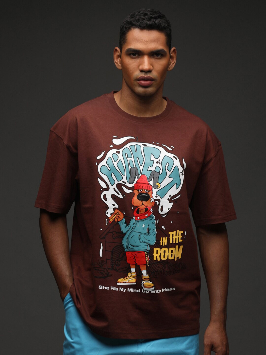 

Bonkers Corner Graphic Printed Round Neck Cotton T-shirt, Brown