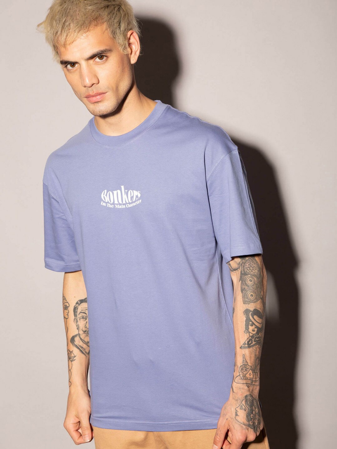 

Bonkers Corner Typography Printed Drop Shoulder Sleeves Cotton Loose Fit T-shirt, Blue