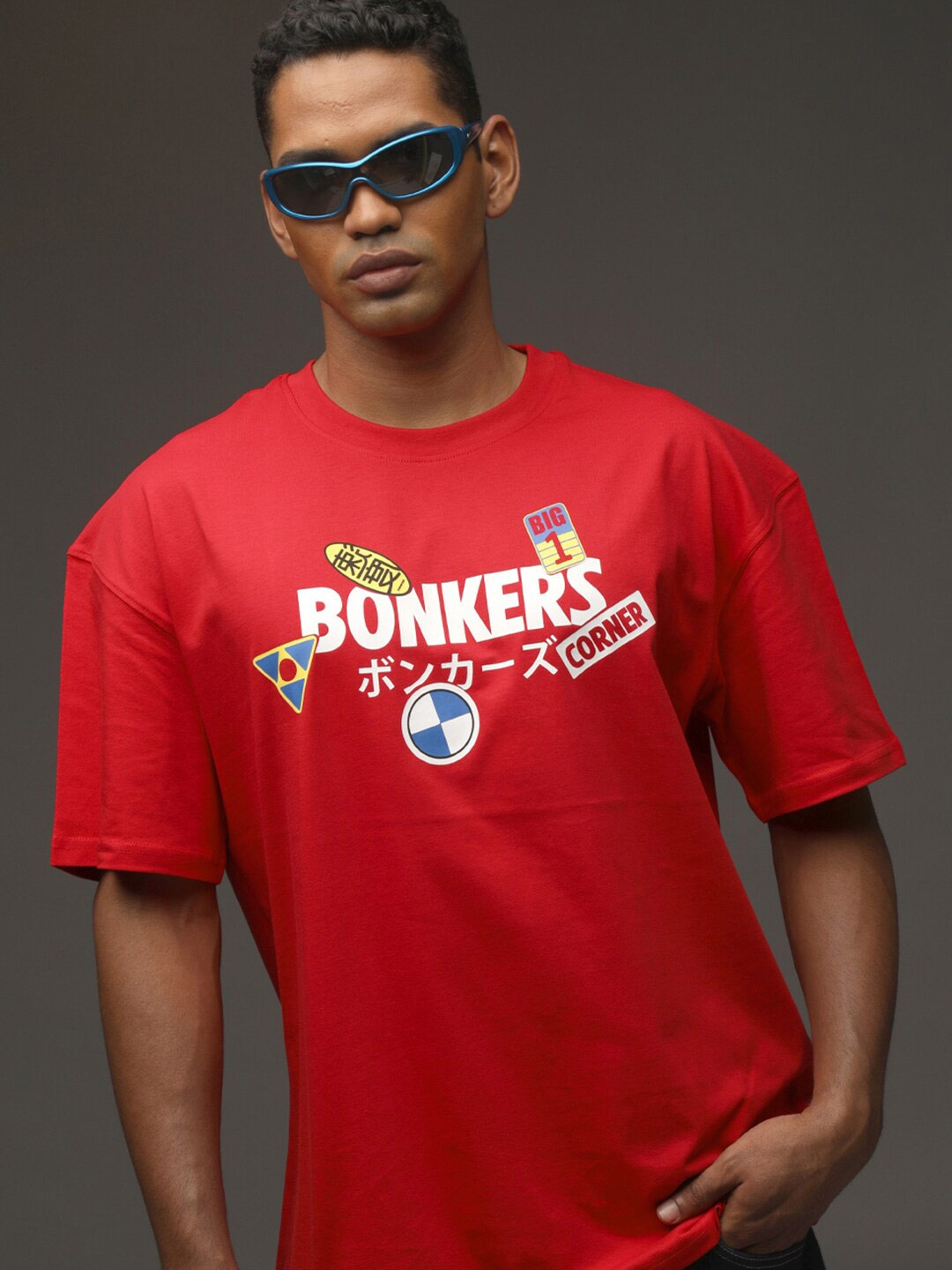 

Bonkers Corner Typography Printed Drop Shoulder Sleeves Cotton Loose Fit T-shirt, Red