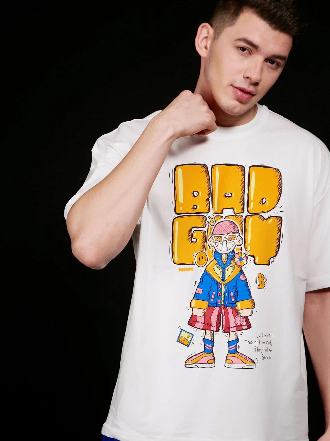 

Bonkers Corner Graphic Printed Drop Shoulder Sleeves Cotton Loose Fit T-shirt, White