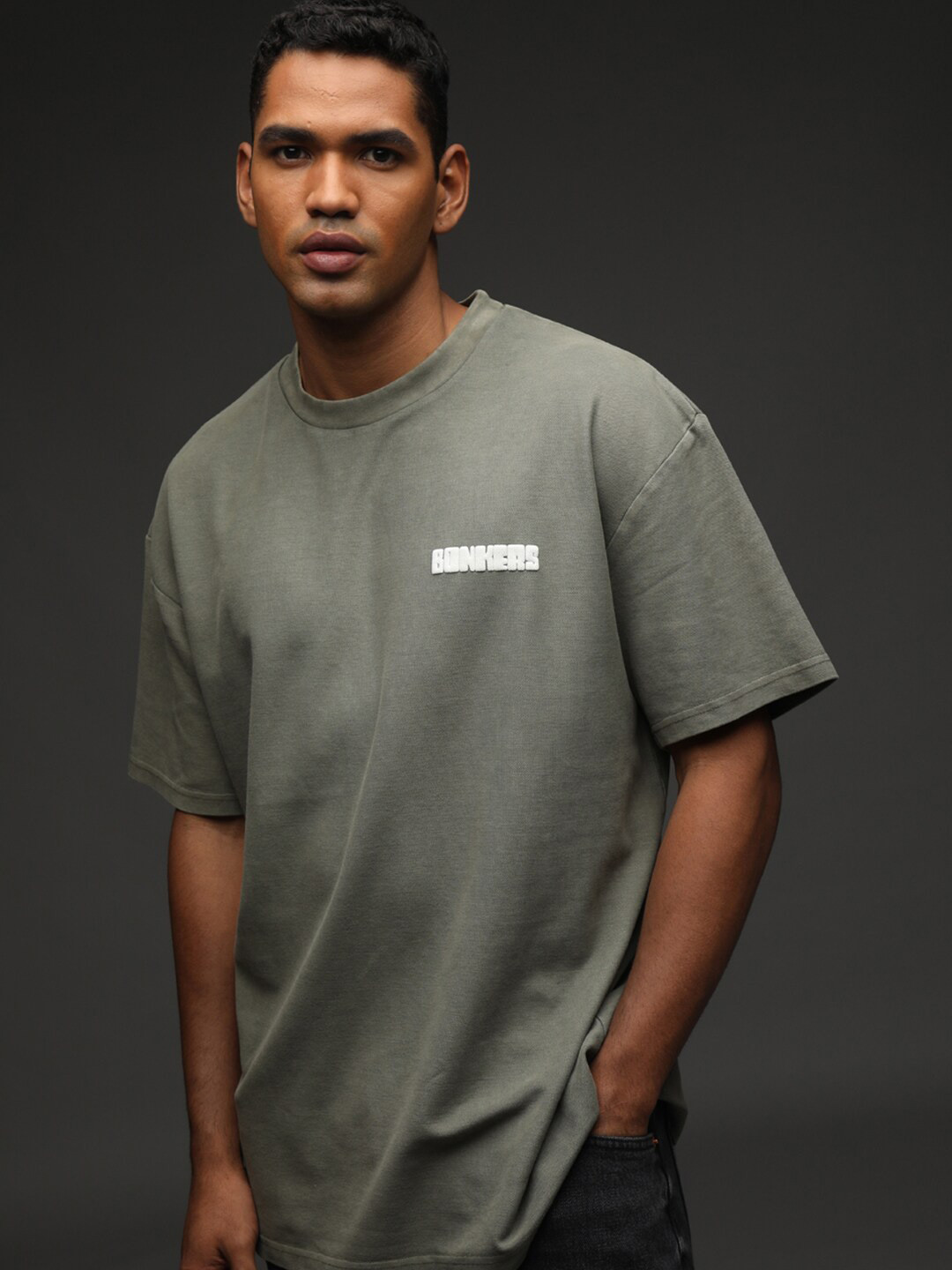 

Bonkers Corner Olive Green Drop Shoulder Cotton Oversize Fit T-shirt