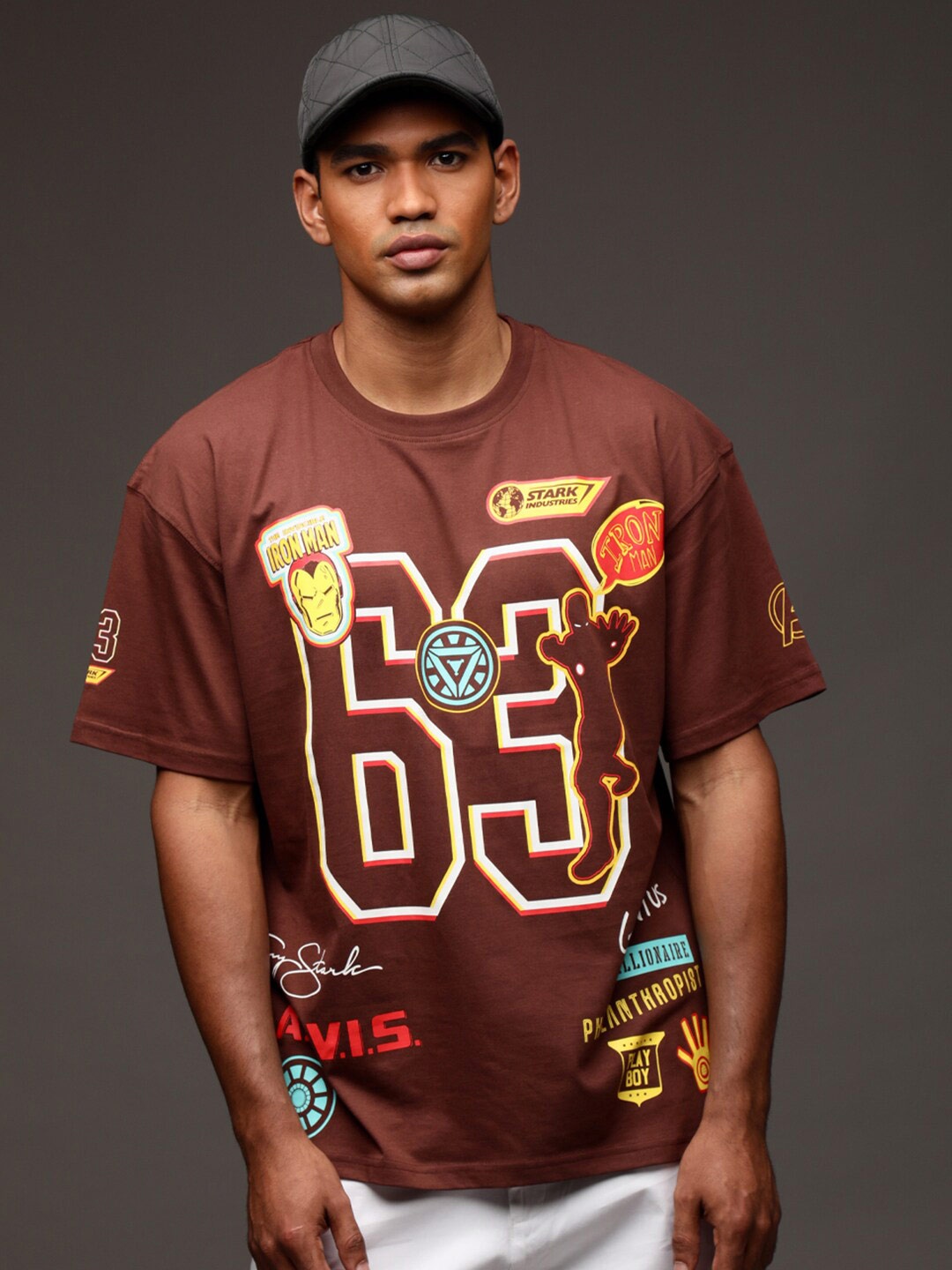 

Bonkers Corner Brown Iron Man Printed Drop Shoulder Sleeves Cotton Oversized Fit T-shirt
