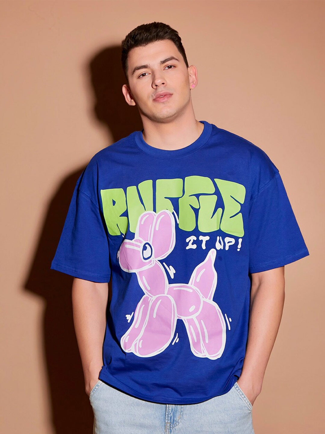 

Bonkers Corner Graphic Printed Drop Shoulder Sleeves Cotton Oversized Fit T-shirt, Blue