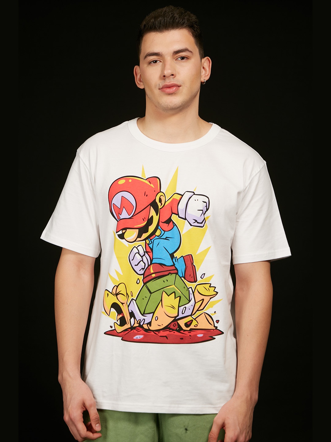 

Bonkers Corner Humour And Comic Printed Drop Shoulder Sleeves Cotton Loose Fit T-shirt, White