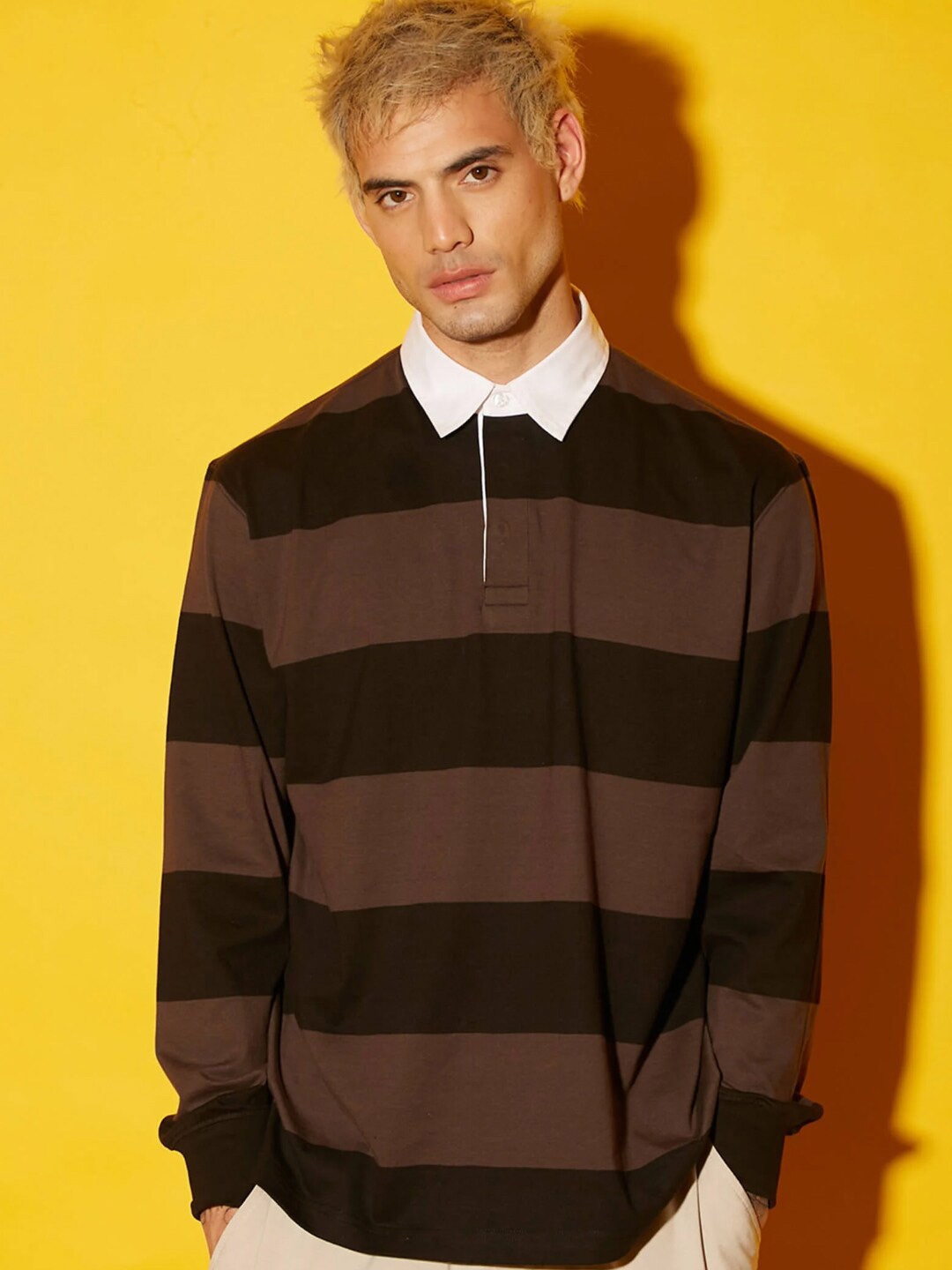

Bonkers Corner Striped Polo Collar Drop Shoulder Sleeves Cotton Loose Fit T-shirt, Brown