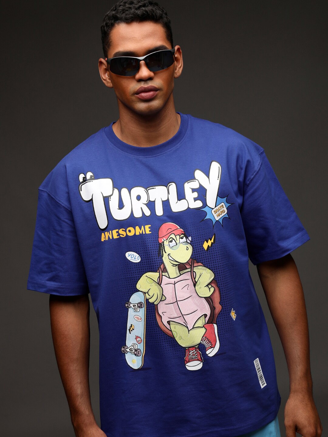 

Bonkers Corner Graphic Printed Drop Shoulder Sleeves Cotton Loose Fit T-shirt, Blue