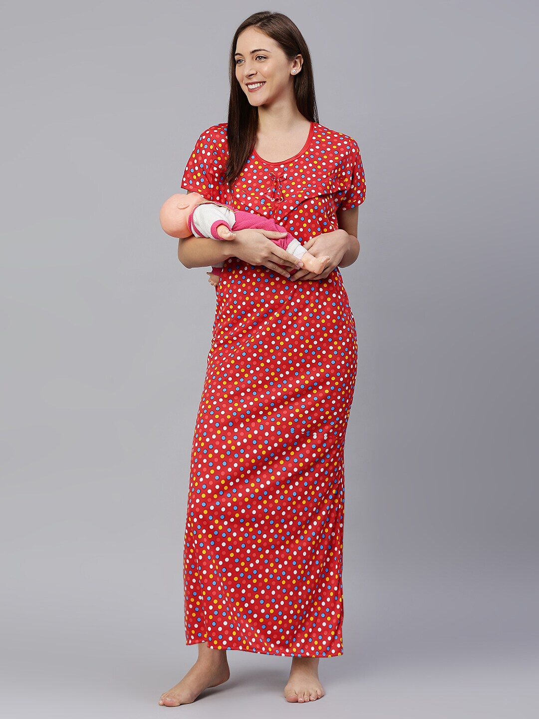 

Pretty Awesome Polka Dots Printed Maternity Maxi Nightdress, Red