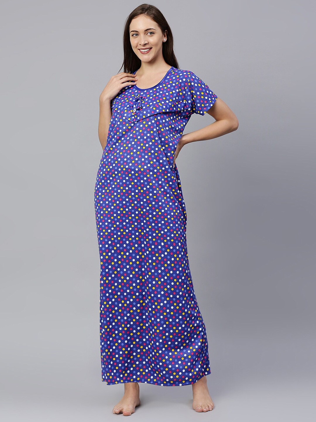 

Pretty Awesome Polka Dots Printed Maternity Maxi Nightdress, Blue