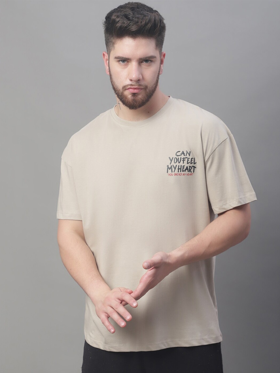 

DOOR74 Typography Printed Drop Shoulder Sleeves Cotton Loose T-shirt, Brown