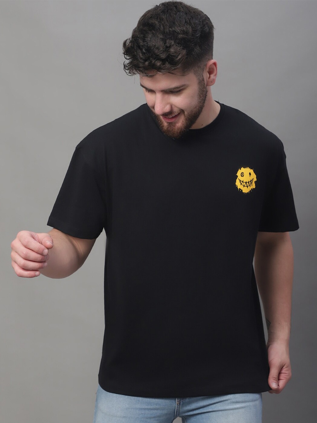 

DOOR74 Graphic Printed Drop Shoulder Sleeves Cotton Loose T-shirt, Black