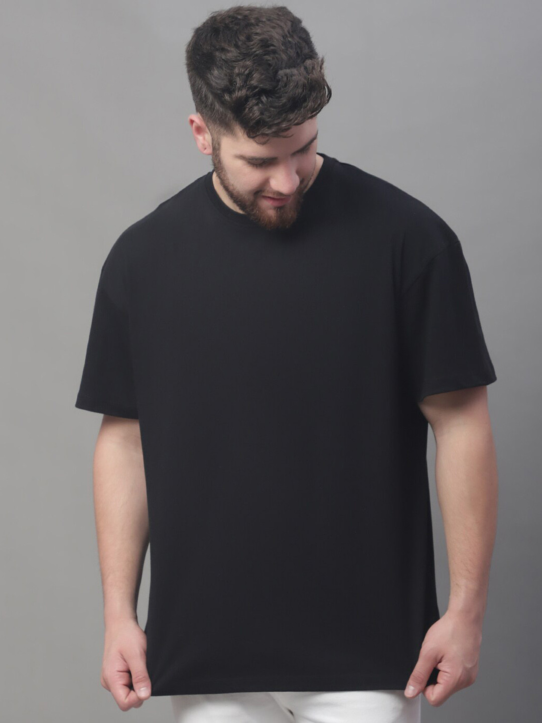 

DOOR74 Round Neck Loose Cotton T-shirt, Black