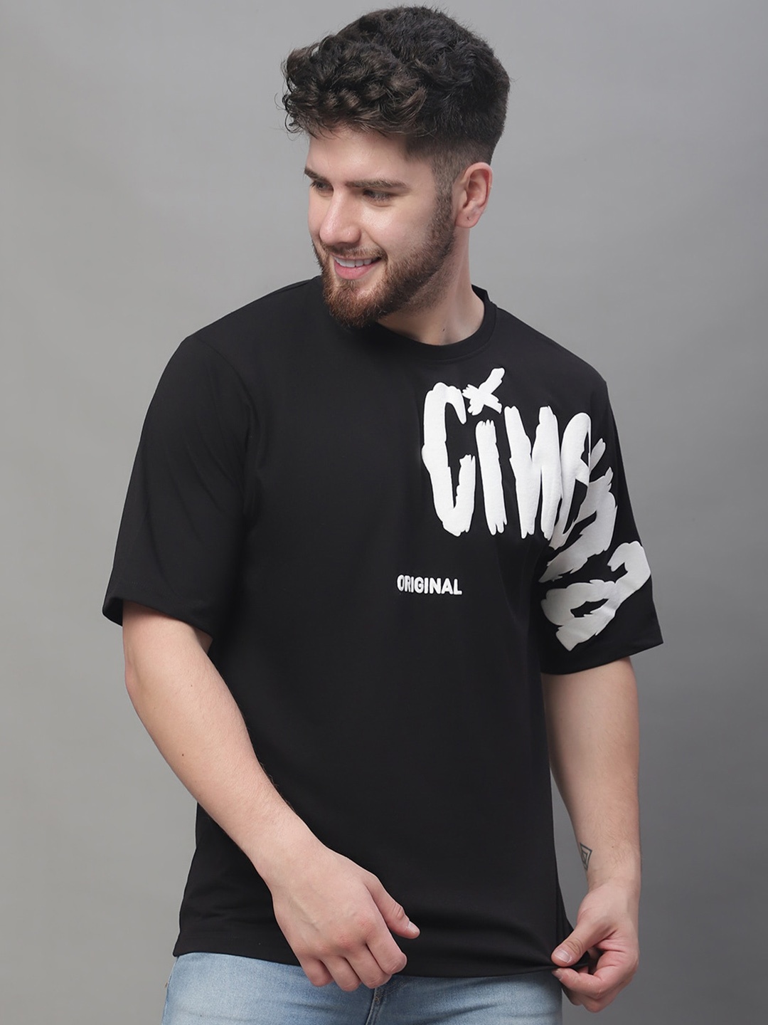 

DOOR74 Typography Printed Monochrome Drop Shoulder Sleeves Cotton Loose T-shirt, Black
