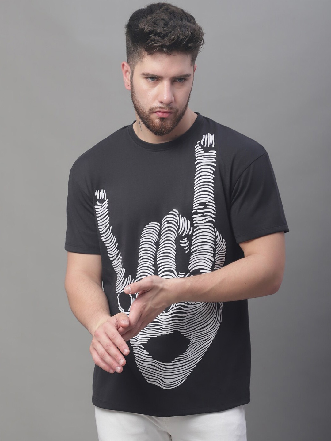 

DOOR74 Graphic Printed Drop Shoulder Cotton Loose Fit T-shirt, Black