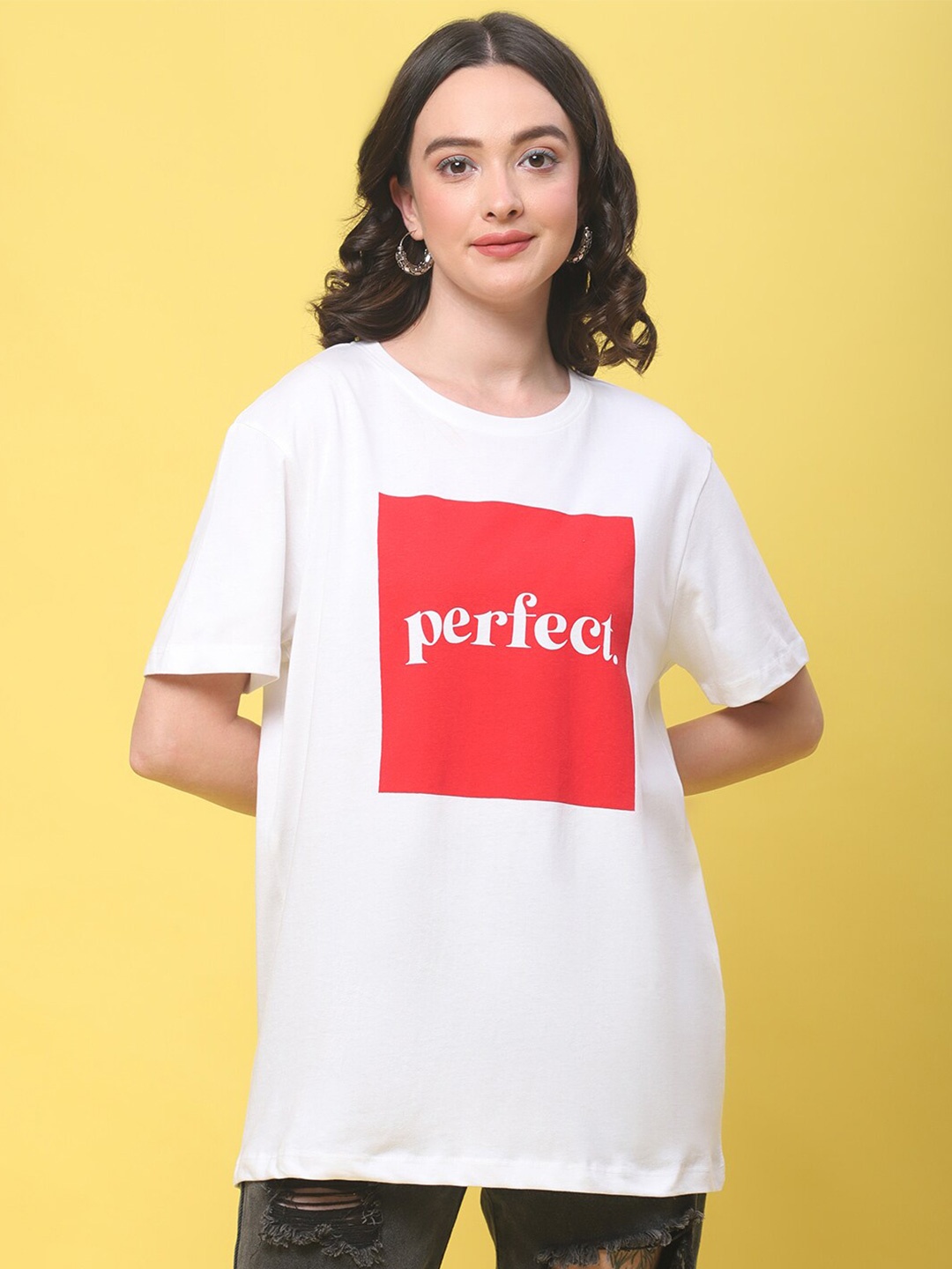 

DOOR74 Typography Printed Drop Shoulder Cotton Loose Fit T-shirt, White