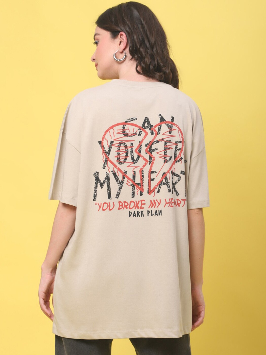 

DOOR74 Typography Printed Loose Cotton T-shirt, Beige