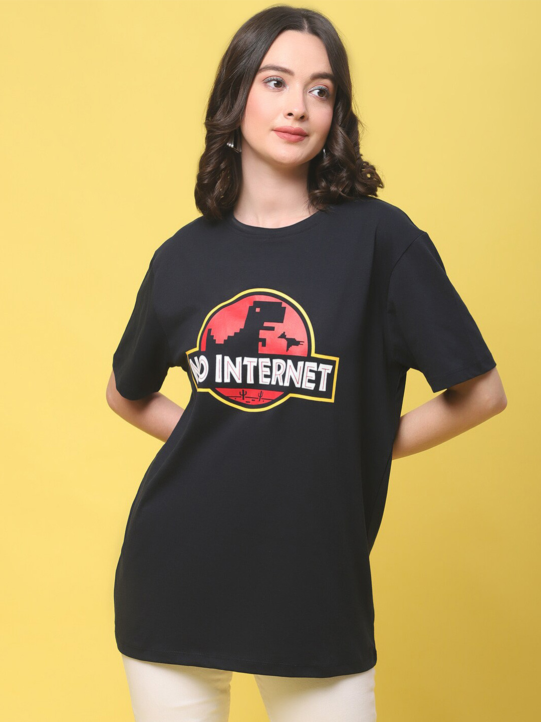 

DOOR74 Typography Printed Drop Shoulder Cotton Loose Fit T-shirt, Black