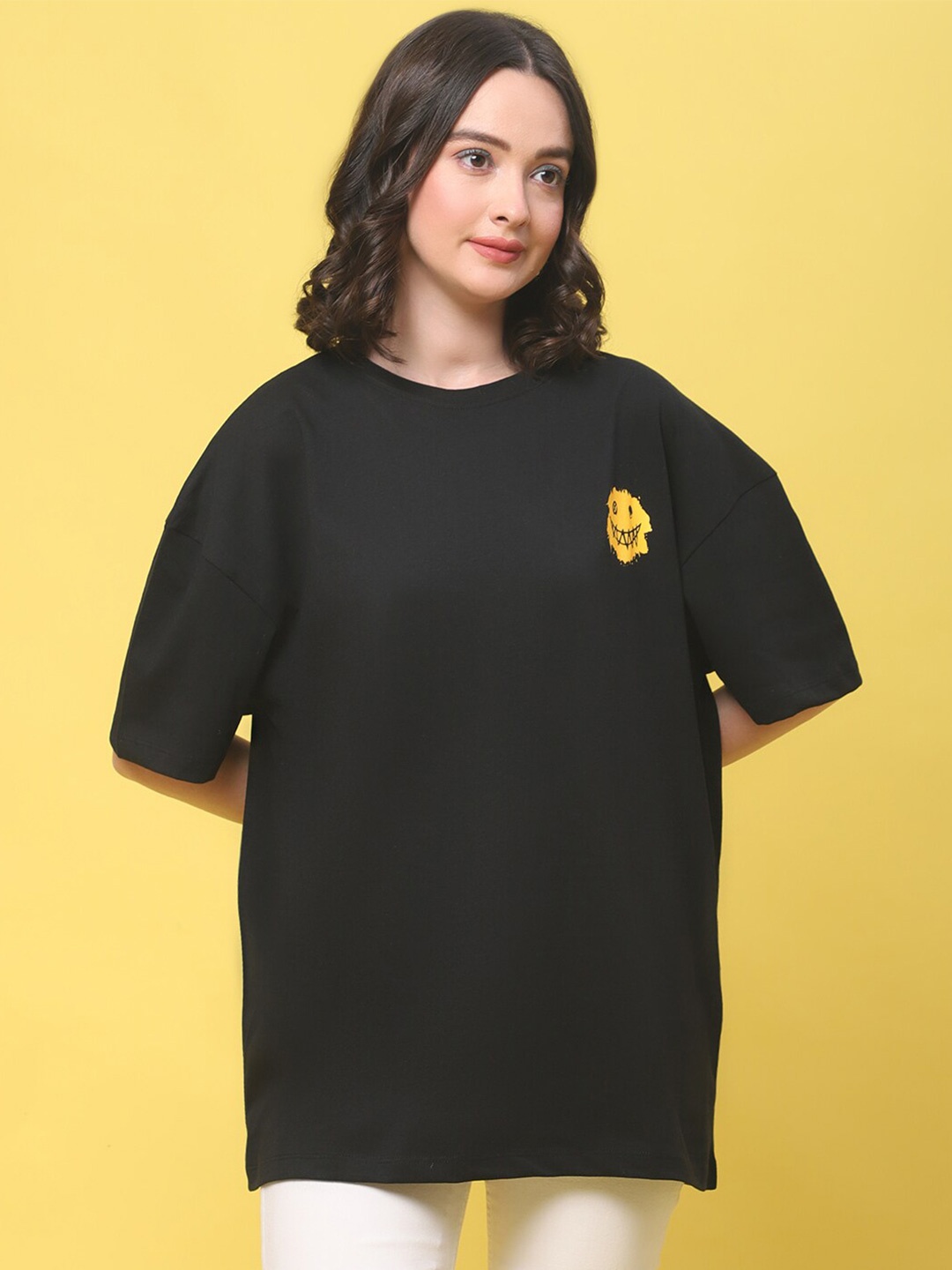 

DOOR74 Graphic Printed Drop-Shoulder Sleeves Cotton Loose T-shirt, Black