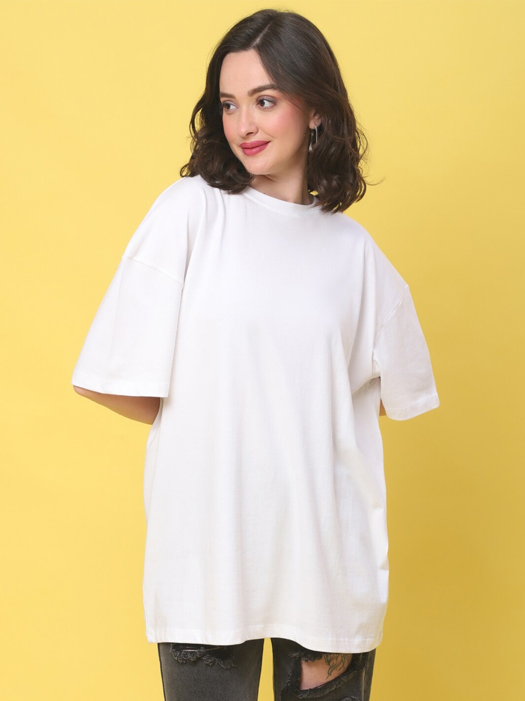 

DOOR74 Drop Shoulder Sleeves Cotton Loose T-shirt, White