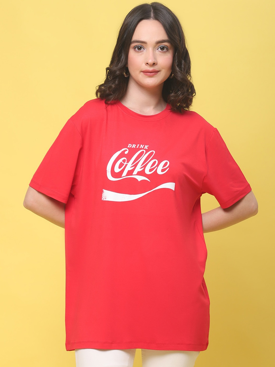 

DOOR74 Typography Printed Loose Cotton T-shirt, Red