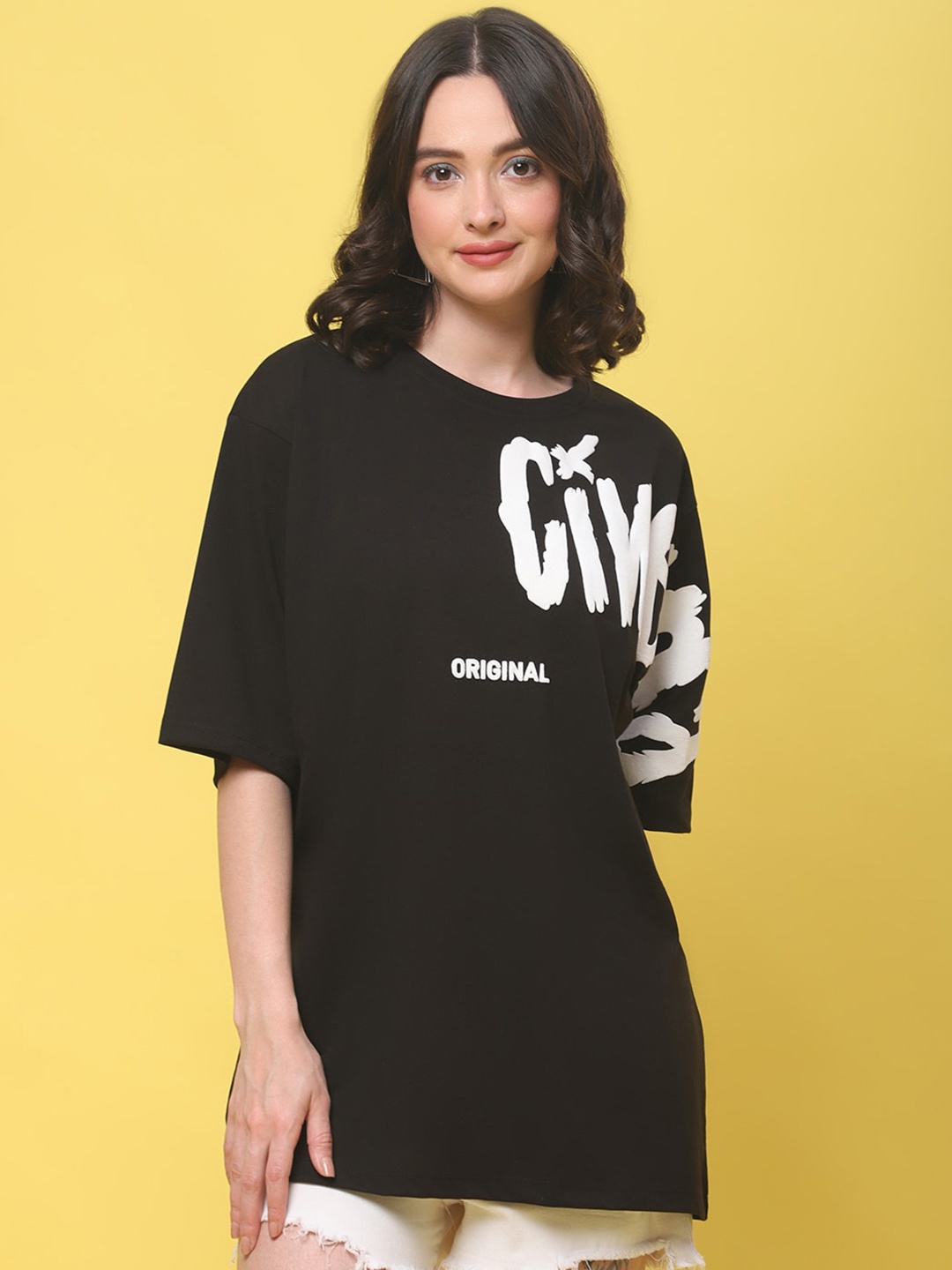 

DOOR74 Typography Printed Loose Cotton T-shirt, Black