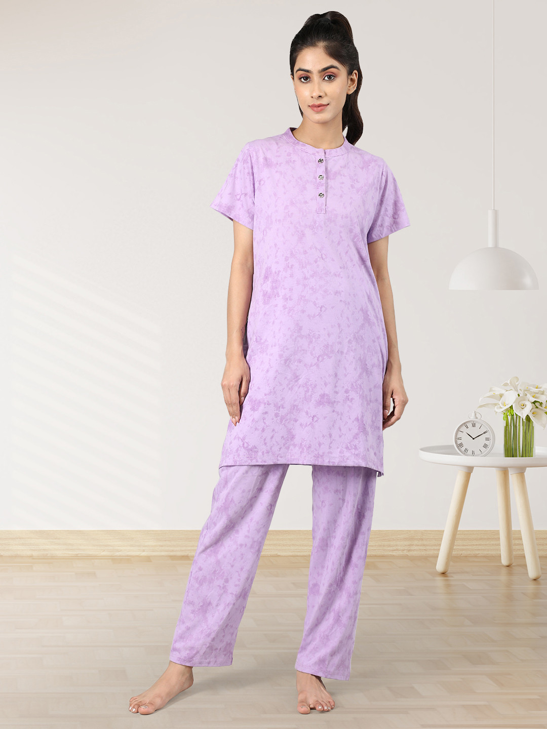 

Duchess Tie And Dye Printed Night Suit, Lavender