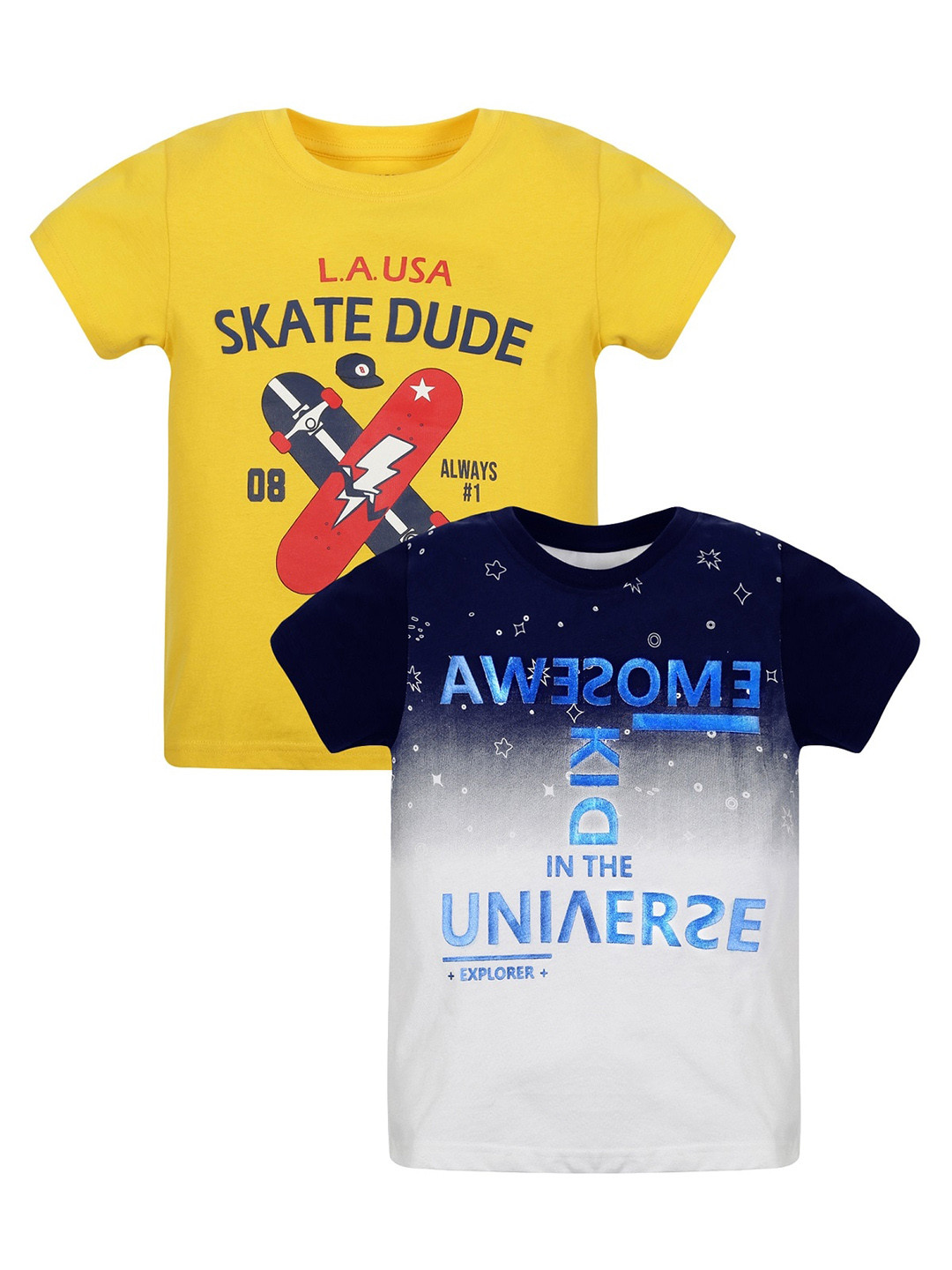 

PLUM TREE Boys Typography Printed Pack Of 2 Pure Cotton T-shirts, Yellow