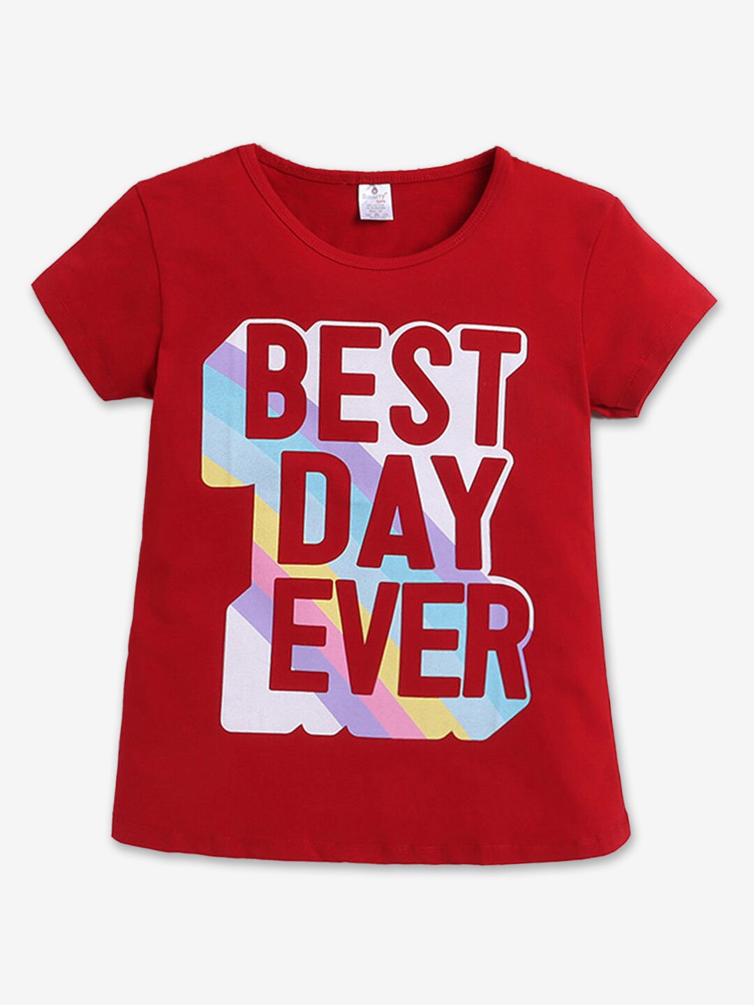 

Hopscotch Girls Typography printed Round Neck Cotton T-shirt, Red