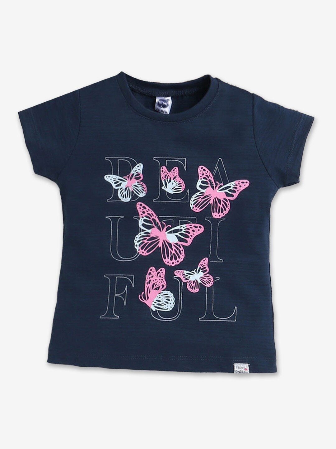 

Hopscotch Girls Graphic Printed Round Neck Cotton T-shirt, Navy blue