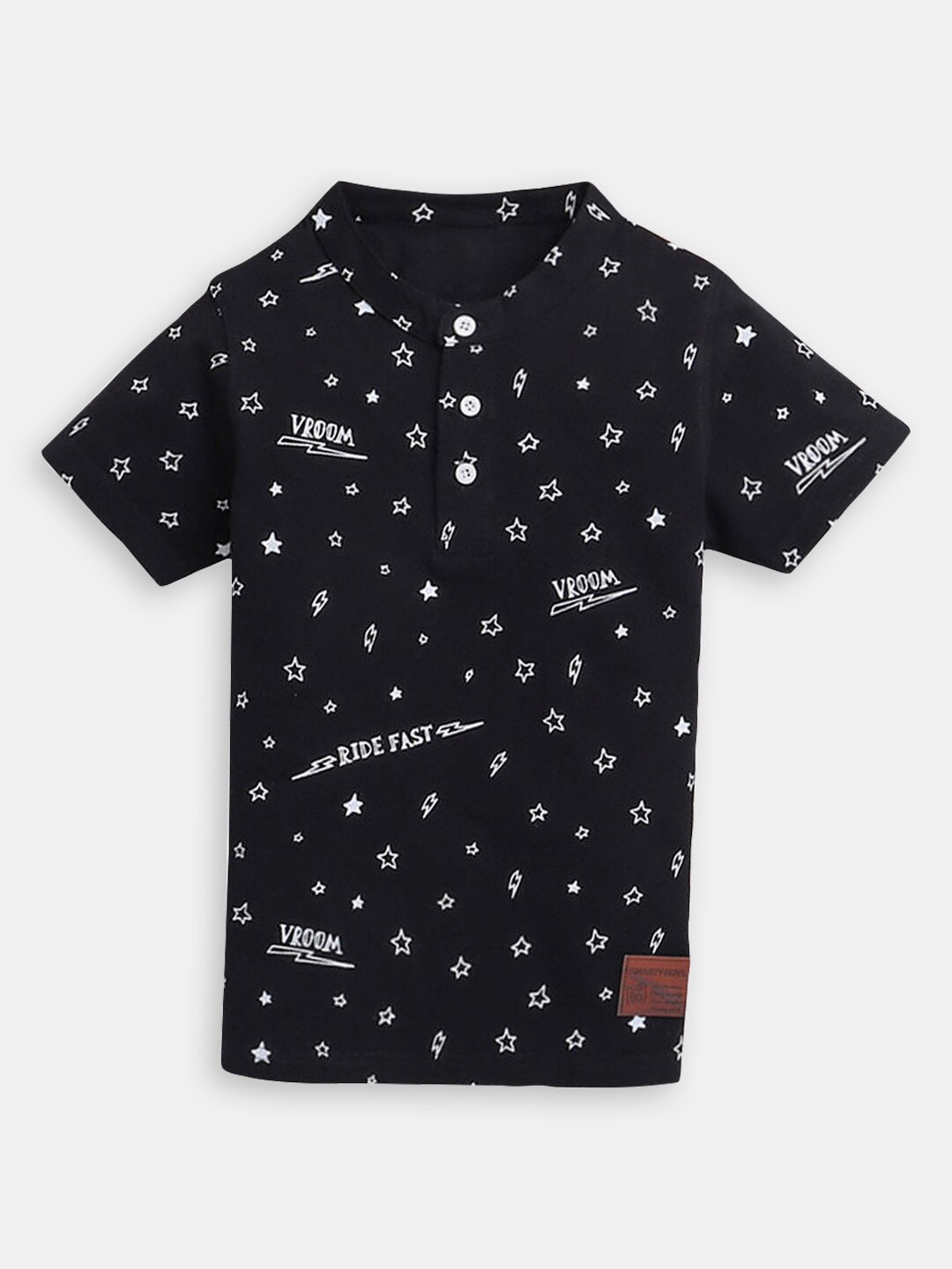 

Hopscotch Boys Conversational Printed Henley Neck Cotton T-shirt, Black