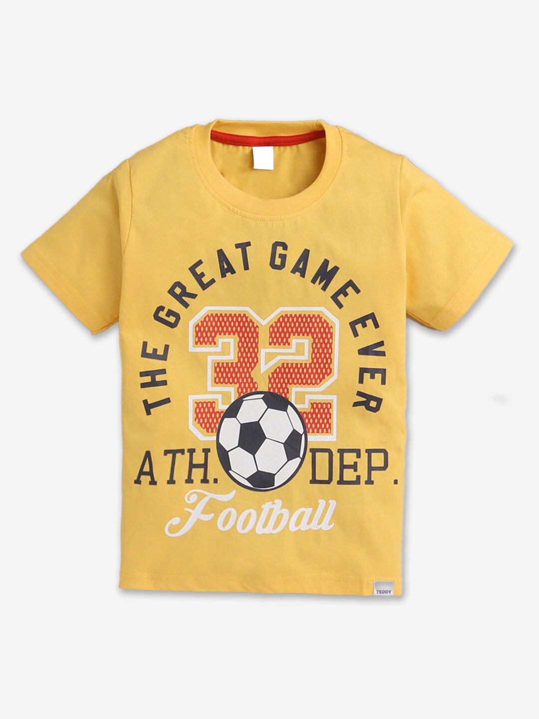 

Hopscotch Boys Typography Printed Round Neck Cotton T-shirt, Yellow