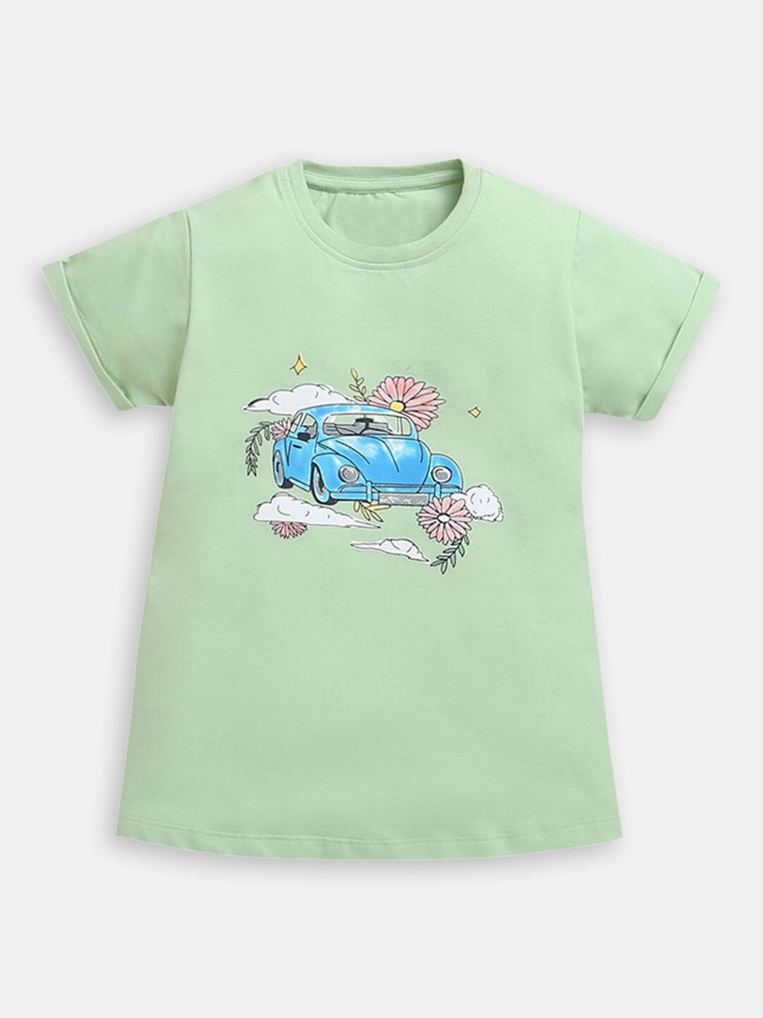 

Hopscotch Girls Graphic Printed Round Neck Cotton T-shirt, Green