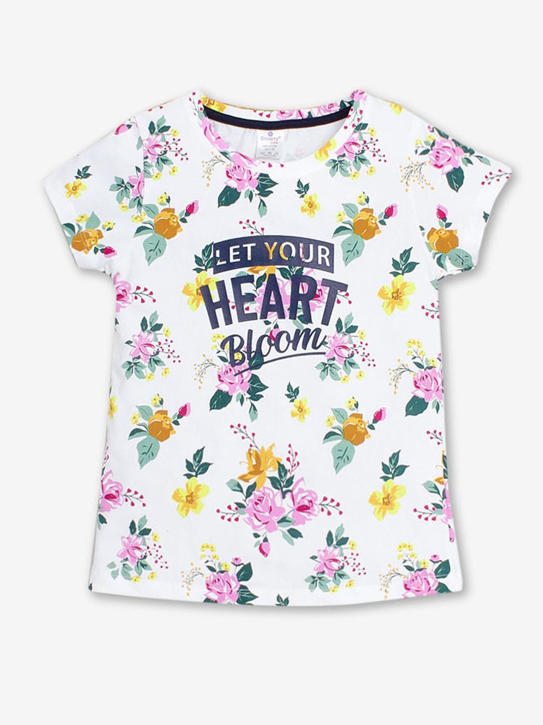 

Hopscotch Girls Floral printed Round Neck Cotton T-shirt, White