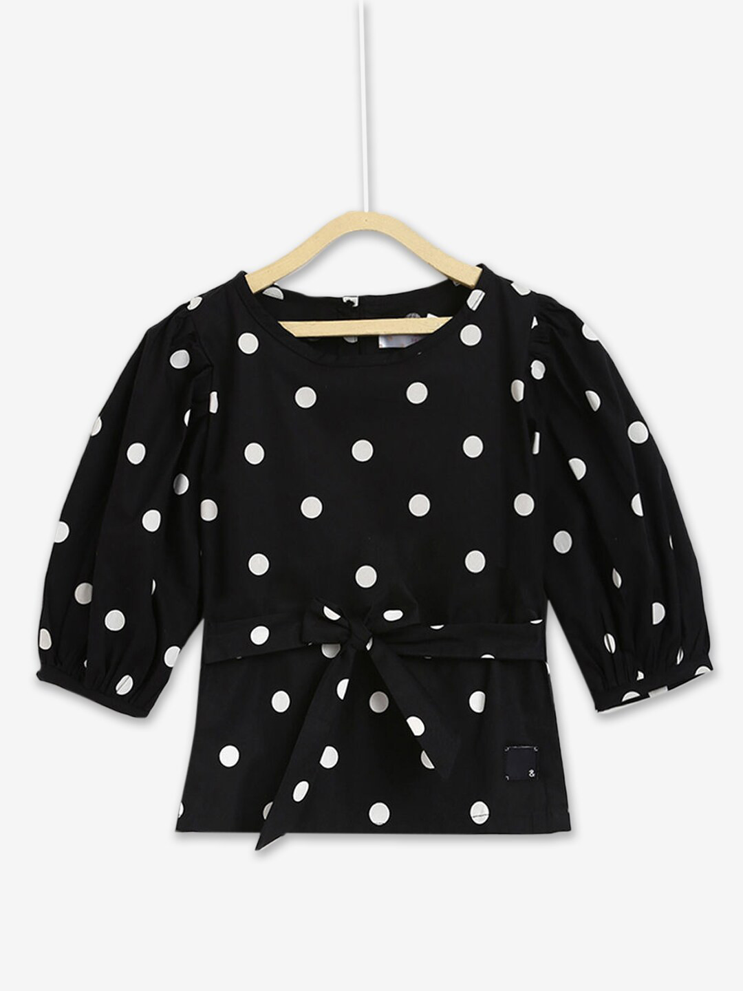 

Hopscotch Girls Polka Dot Printed Puff Sleeve Cotton Top, Black