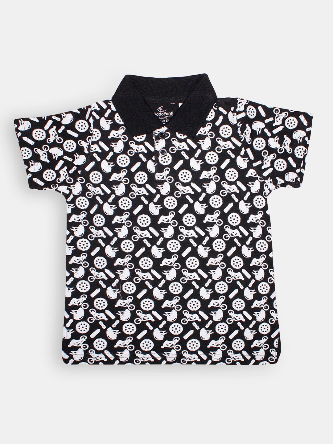 

Hopscotch Boys Conversational Printed Polo Collar Cotton T-shirt, Black